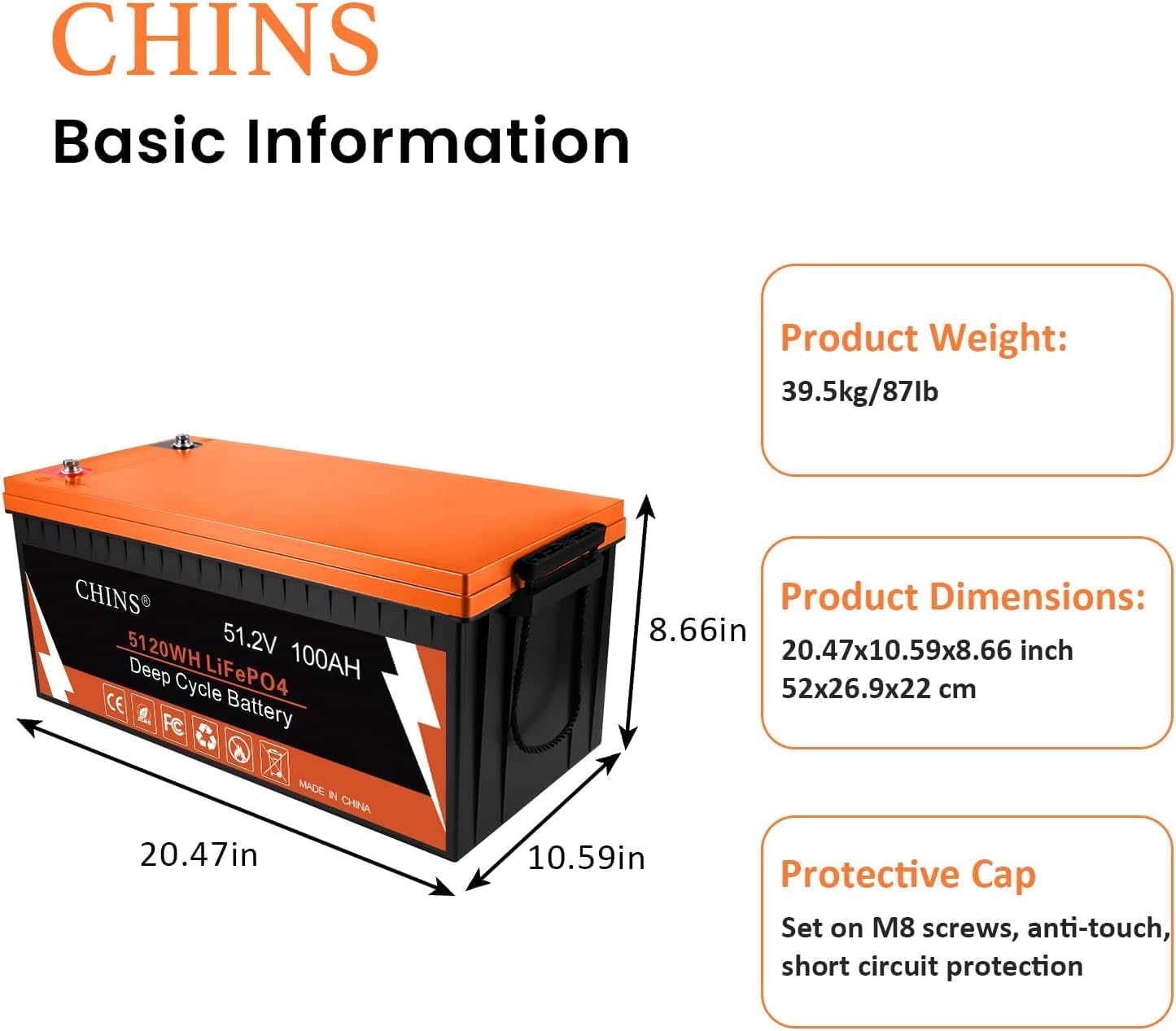 CHINS 48V Lithium Golf Cart Battery, 48 Volt 100Ah LiFePO4 Battery, Built-in Bluetooth 200A BMS, Includes 48V 10A Lithium Battery Charger, Perfect for Golf Carts, Trolling Motors, Marine