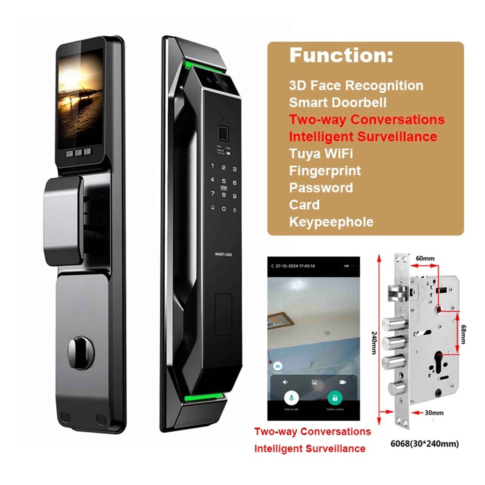 Serrure de porte intelligente électronique automatique, reconnaissance e 3D, empreintes digitales, mot passe sans clé, caméra Wifi, carte Rfid, serrure maison Bureau Commercial(Black 6068-30)