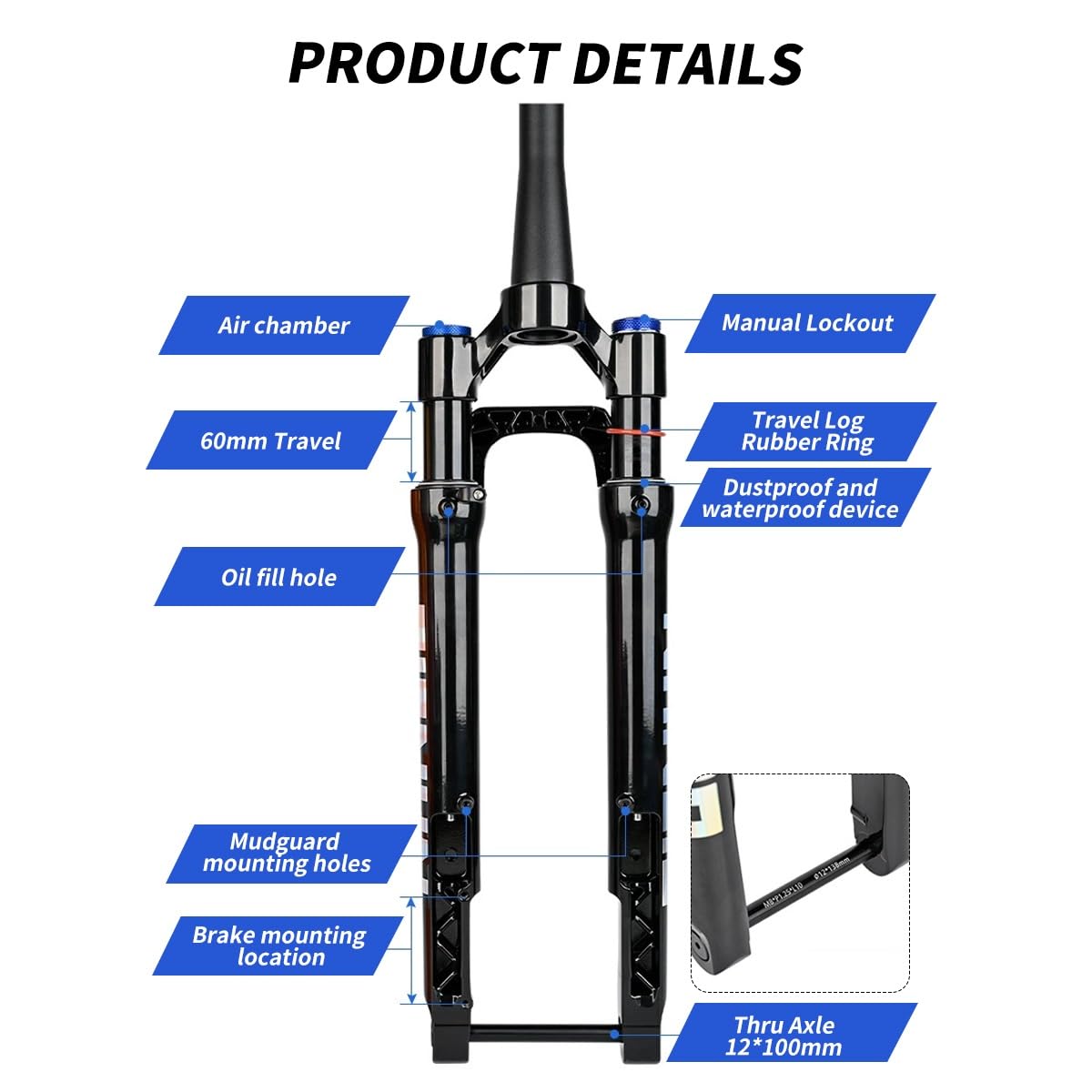 700C Rennrad-Federgabel 1-1/2'' Konisches Rohr Gravel-Gabeln 60mm Federweg Luftfedergabel XC Scheibenbremse Fahrrad-Vorderradgabel 100 * 12mm Steckachse Fahrradgabeln