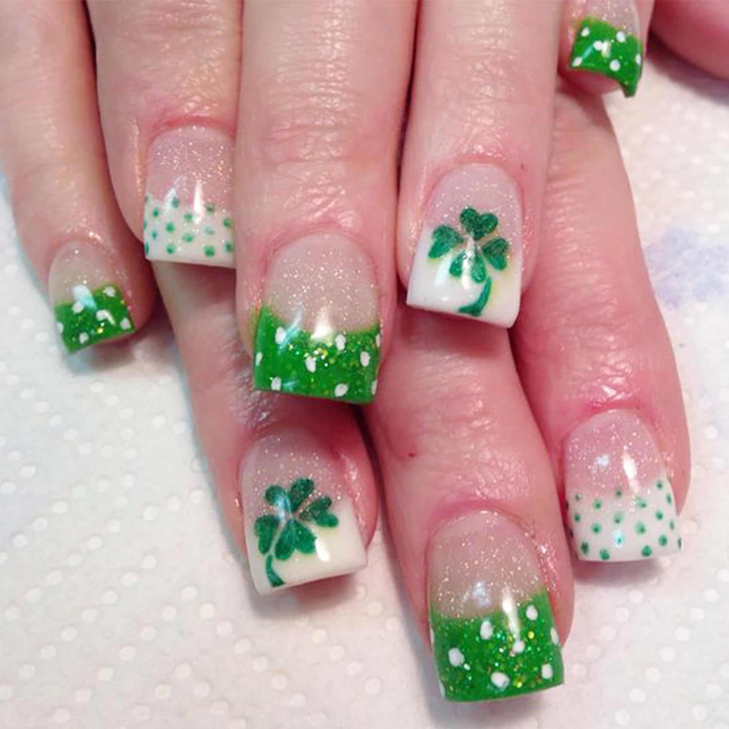 St. Patrick's Day French Tip Press on Nails Short Square Fake Nails Green Shamrock Design Holiday Glue on Nails Clover Nail Tips Acrylic False Nails