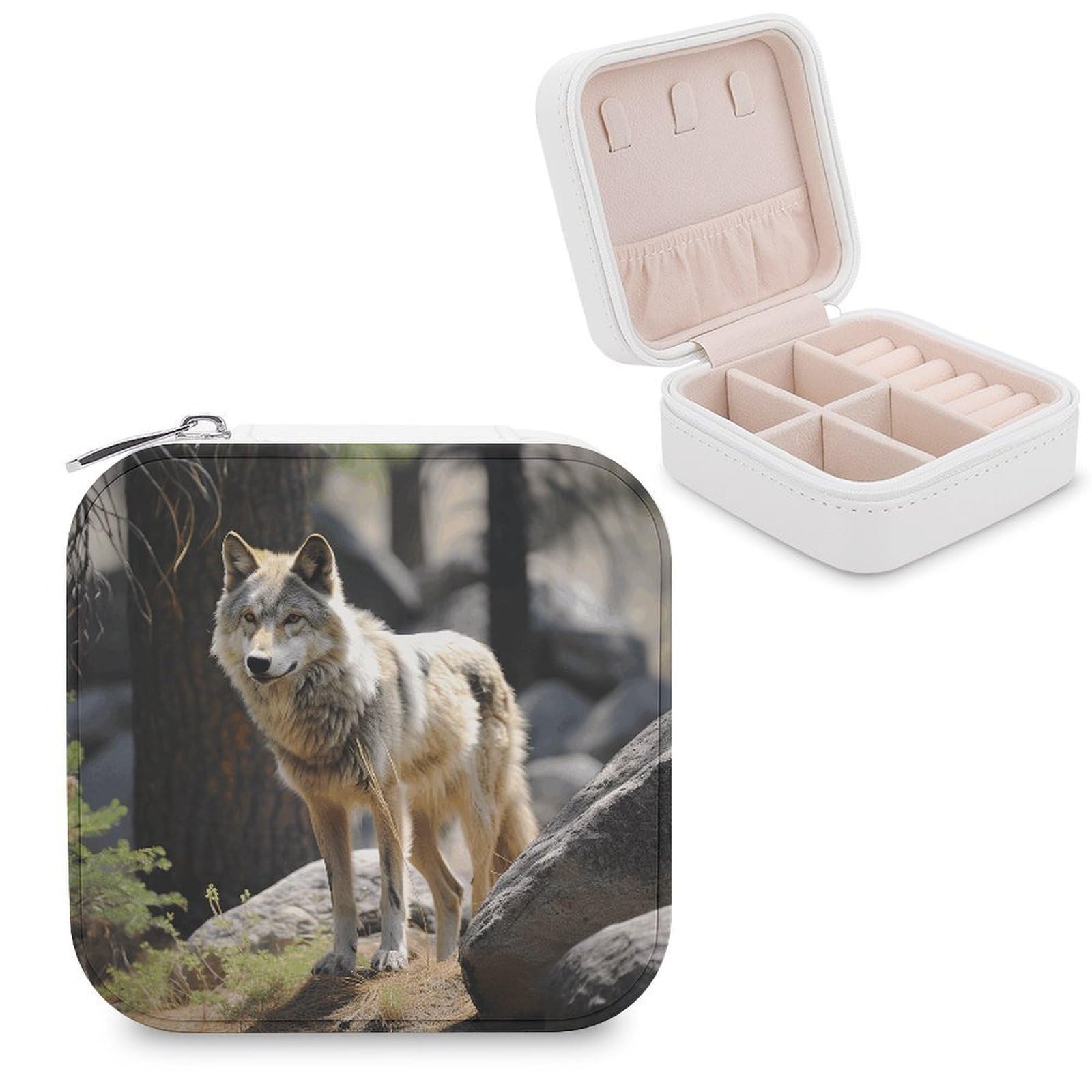 Wildlife Wolf Jewelry Case Personalized Leather Jewelry Box Mini Travel Jewelry Case Small Portable Jewelry Organizer for Ring Earrings Necklace Bracelet
