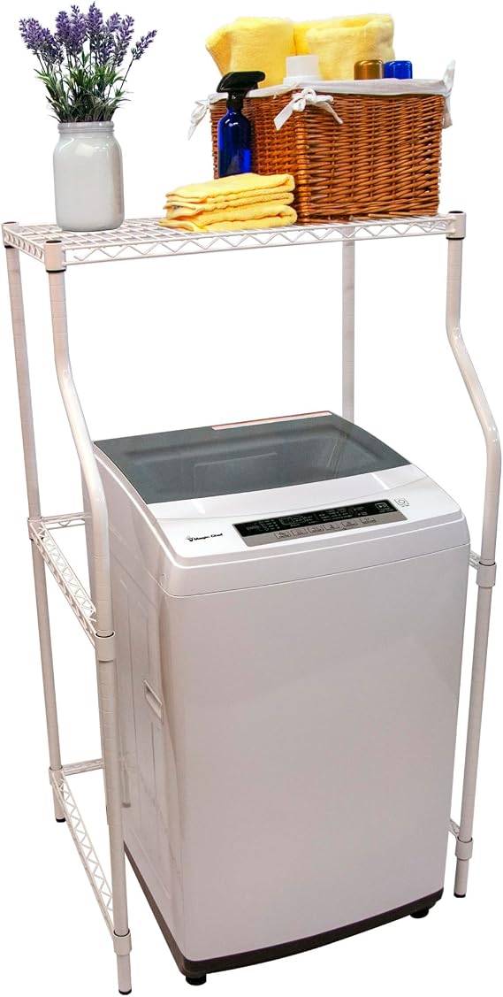 Magic Chef Compact Home Laundry Stand with Upper Dryer Shelf and Open Space for Washer White Metal Frame with Anti-Tip Bracket and Leveling Feet For Small Rooms, Apartments and Dorms