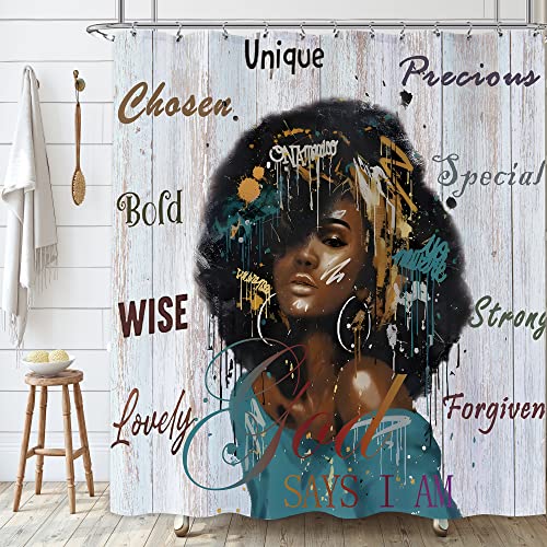 Laifzere African American Shower Curtain Black Woman Beauty Shower Curtain For Bathroom Set Black Girl Motivational Quotes Inspirational Wooden Fabric Waterproof Shower Curtain For Bathtub 72X72 Inch #TOP2