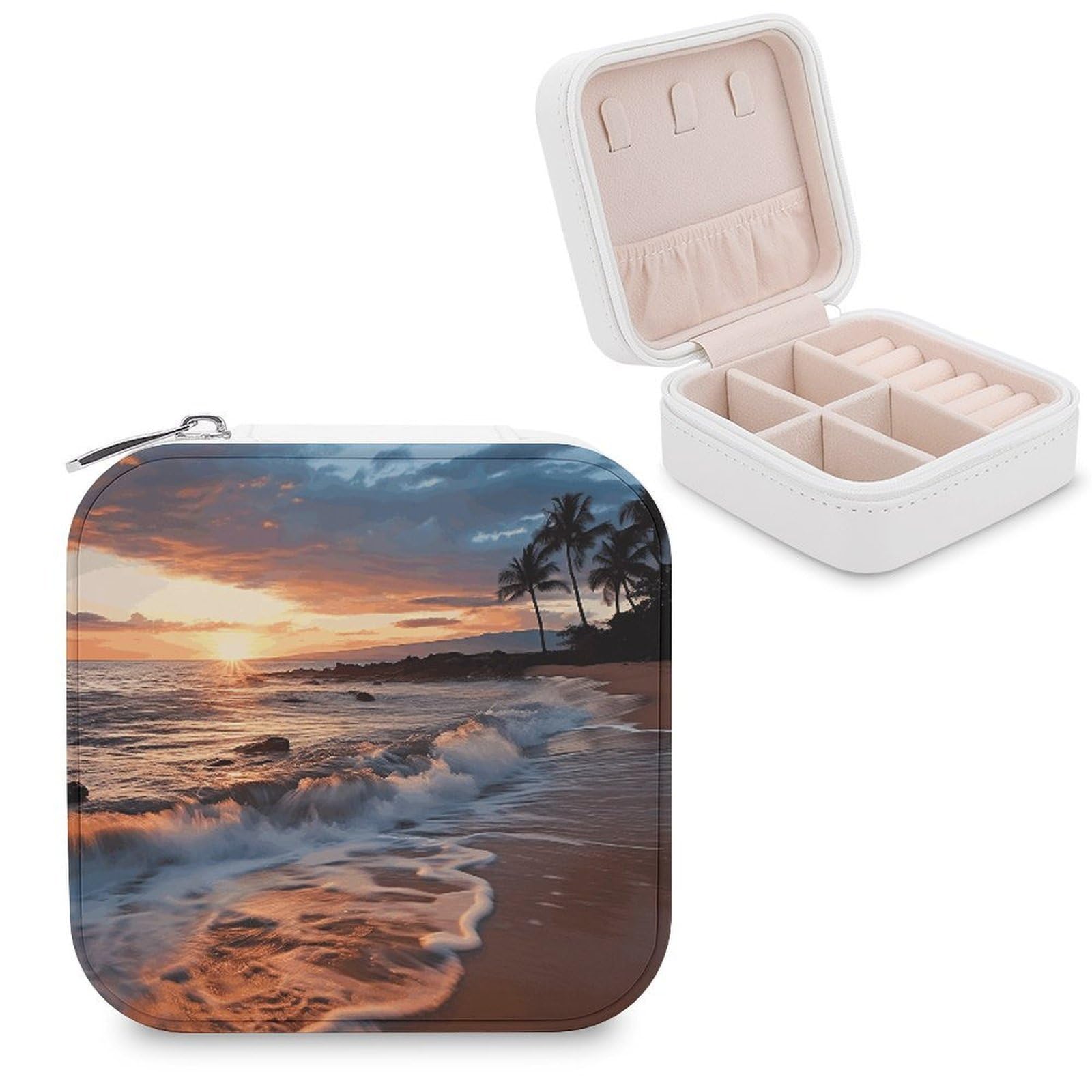 LZQPOEAS Beach Maui Hawaii Sunset Sea Waves Clouds Jewelry Box Small Jewelry Case PU Leather Portable Travel Jewelry Case, Large Capacity for Rings Earrings Necklaces Bracelets Watch