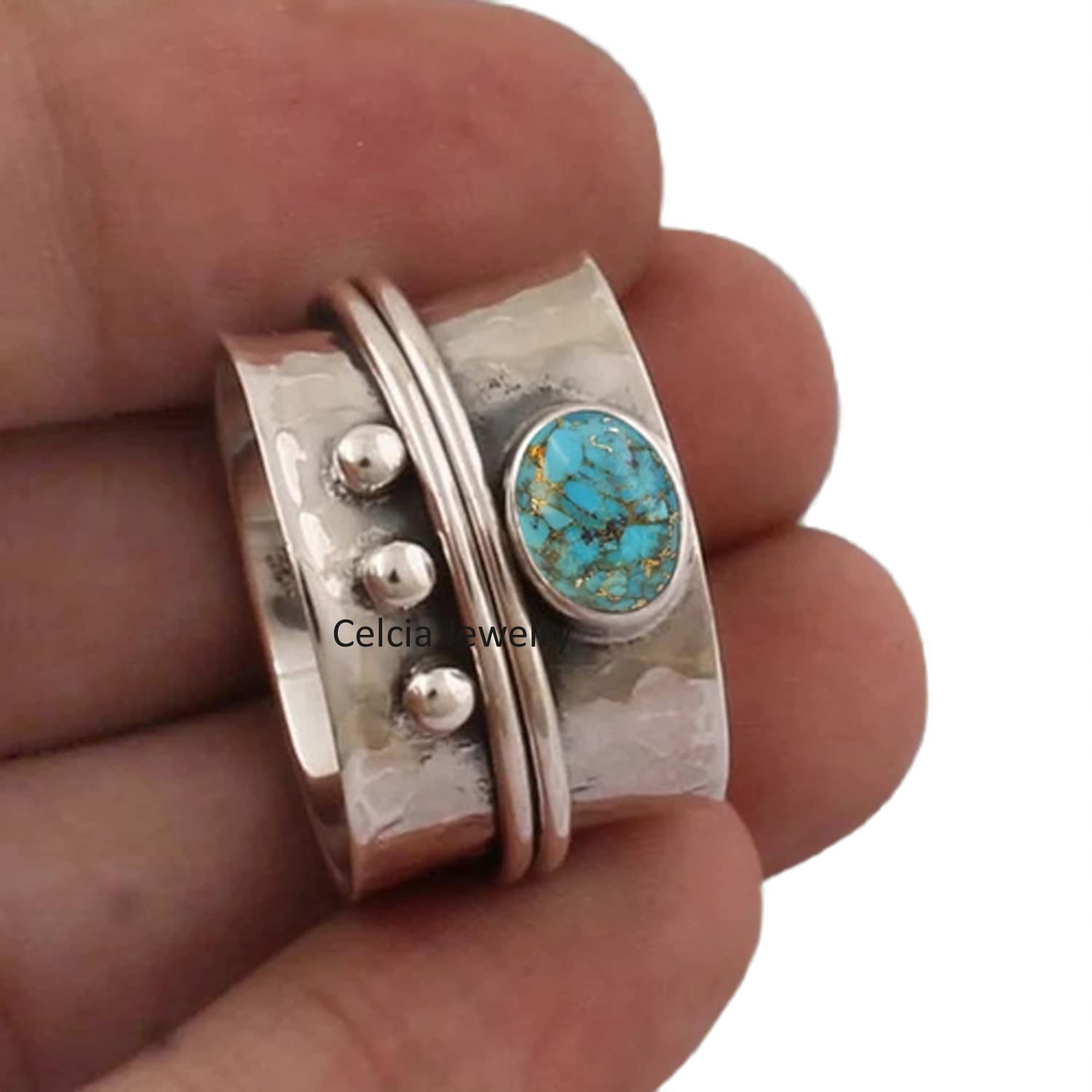 Solid 925 Sterling Silver Meditation Ring, Natural Blue Copper ...
