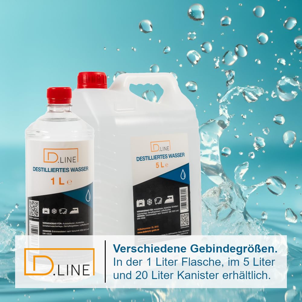 D.LINE Acqua distillata 5 litri, demineralizzata secondo la norma VDE 0510 e DIN 43530 (4 x 5 litri)