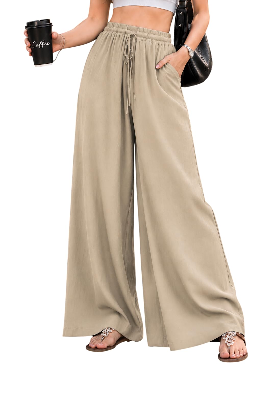 preneum Women's Wide-Leg Trouser,Palazzo Pants,High Waist Flowy Trousers with Drawstring,Lightweight Casual & Travel Wear,Women Trousers,Pants with Side Pockets (Available in Plus Size)-picture-54