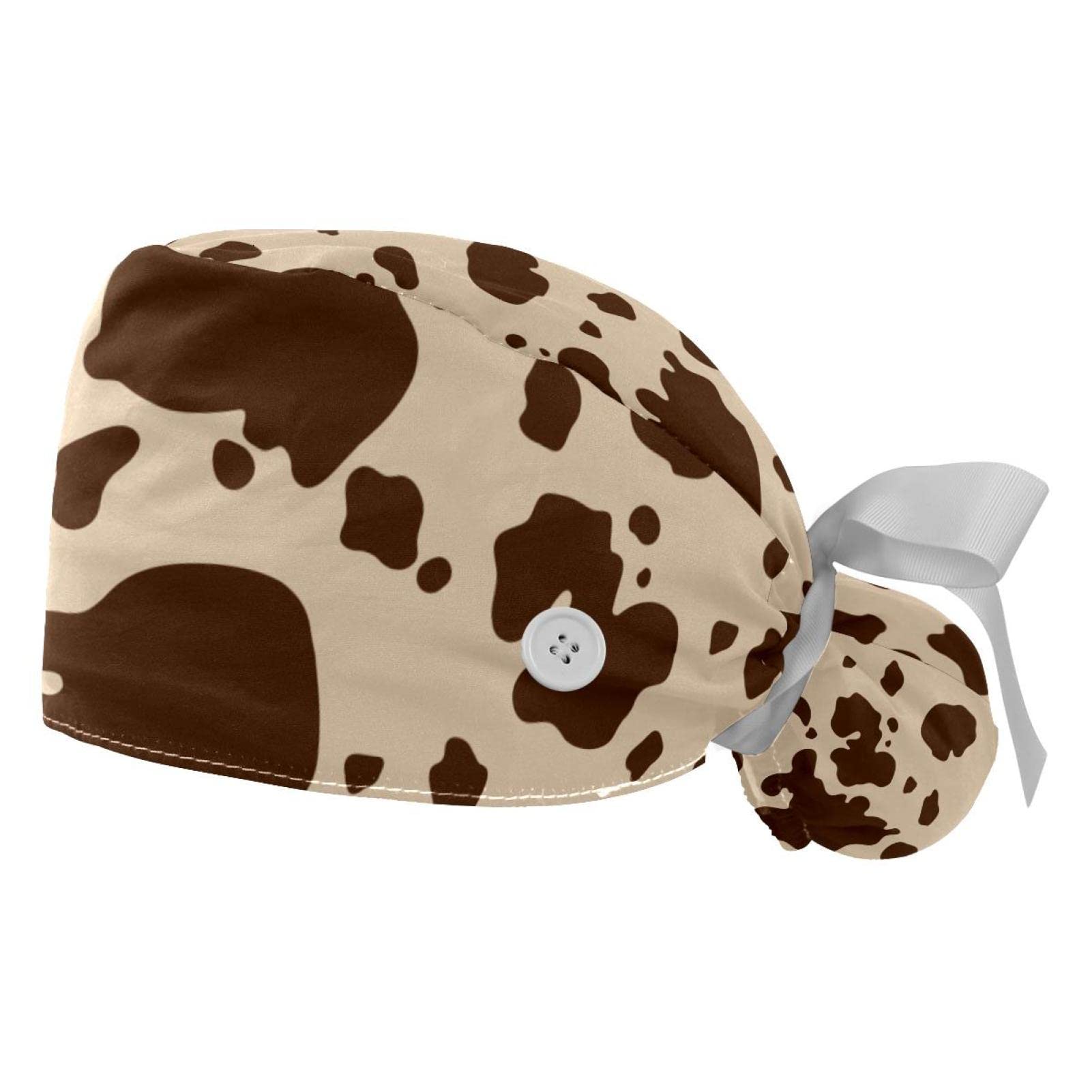 2 PCS Bouffant Cap with Button Ponytail Pouch Working Cap Sweatband Adjustable Surgical Cap Black and White Cow