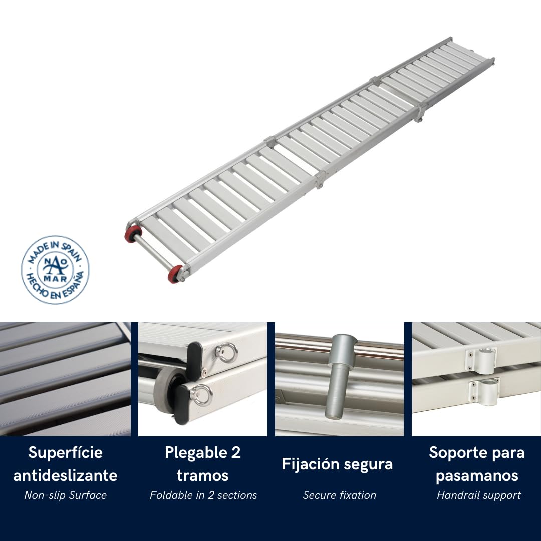 Pasarela de Aluminio para Barco Plegable en Tres tramos, 2 Metros de Longitud, con Ruedas.