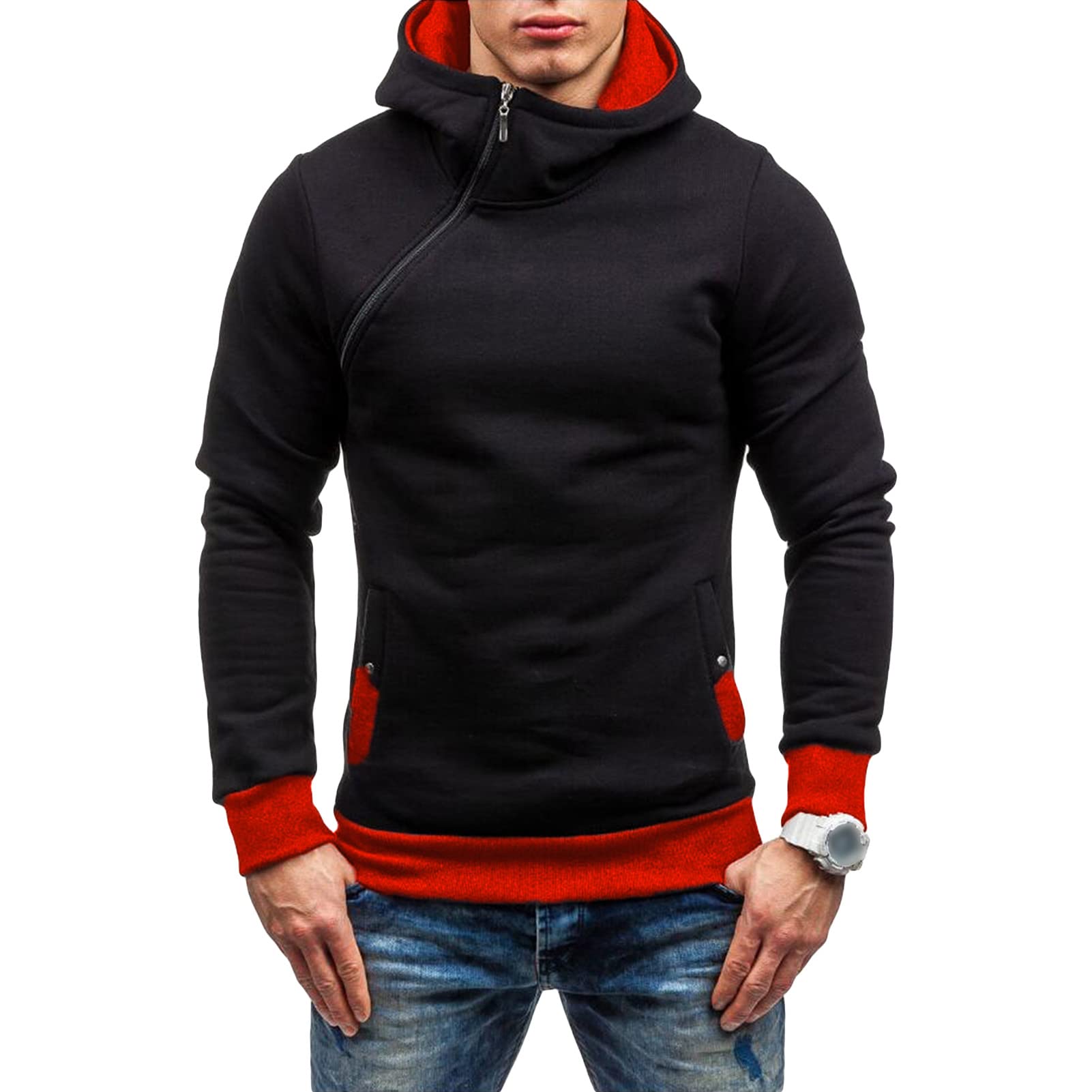 Maiyifu-GJ Men's Long Sleeve Diagonal Zipper Hoodies Zip Up Slim Fit Athletic Hoodie Hip Hop Hooded Sweatshirts with Pocket (Black 2,Large)