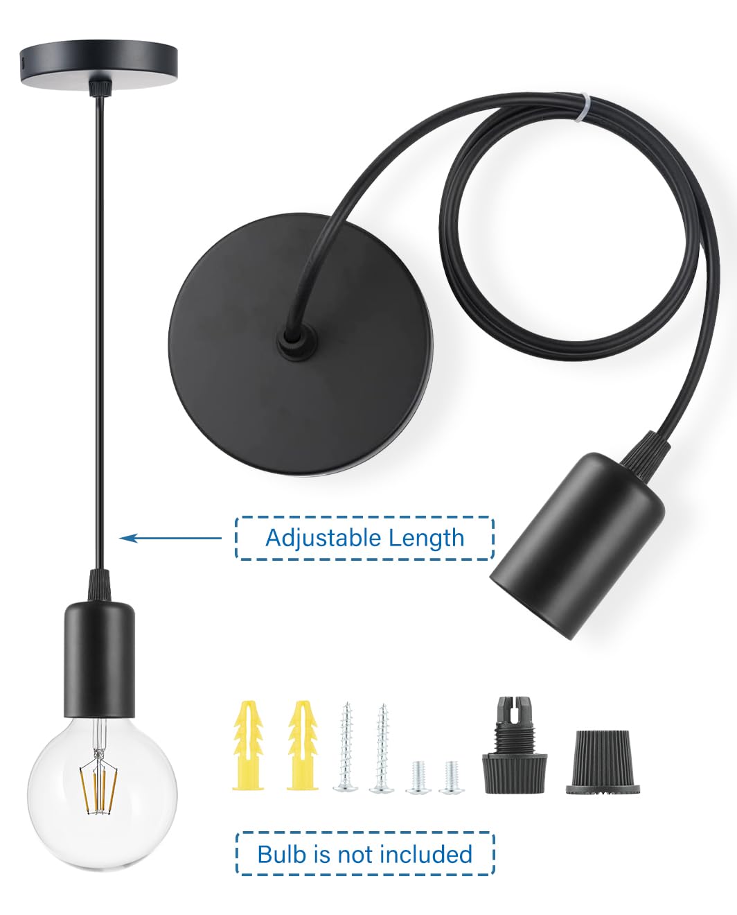 Vecys Black Pendant Light Fitting,Ceiling Fitting Set including 100cm Adjustable Flexible Cable,E27 Screw Lamp Holder for Ceiling Pendant(1PCS) - Image 4