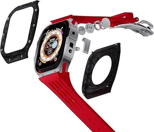 Miniatura 2 de VELORE Funda de reloj de fibra de carbono deportiva con correa de goma de flúor, para Apple Watch 87 65SE4 1.732 in 1.772 in, marco de titanio de