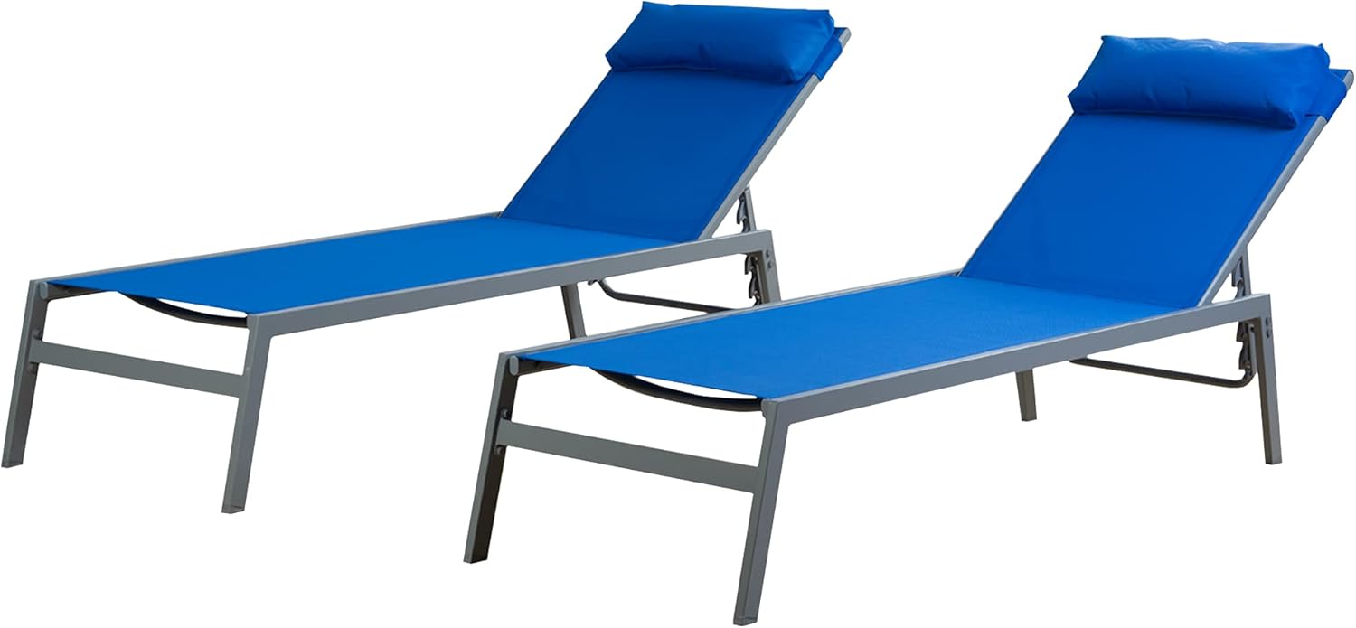 Kozyard Wilson Adjustable EDP Coated Wrought Iron Frame and Breathable Textilence Seat Chaise Lounge Chair (2 Pack) (Blue W/O Table) : Patio, Lawn & Garden