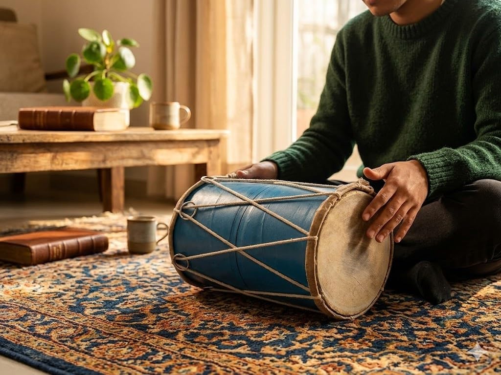Juego de batería de madera y cuero hecho a mano con tabla folclórica india clásica de percusión de mano, instrumentos musicales del mundo, punjabi, dholak, dholki, 25,4 x 15,2 cm, divertidas ideas de