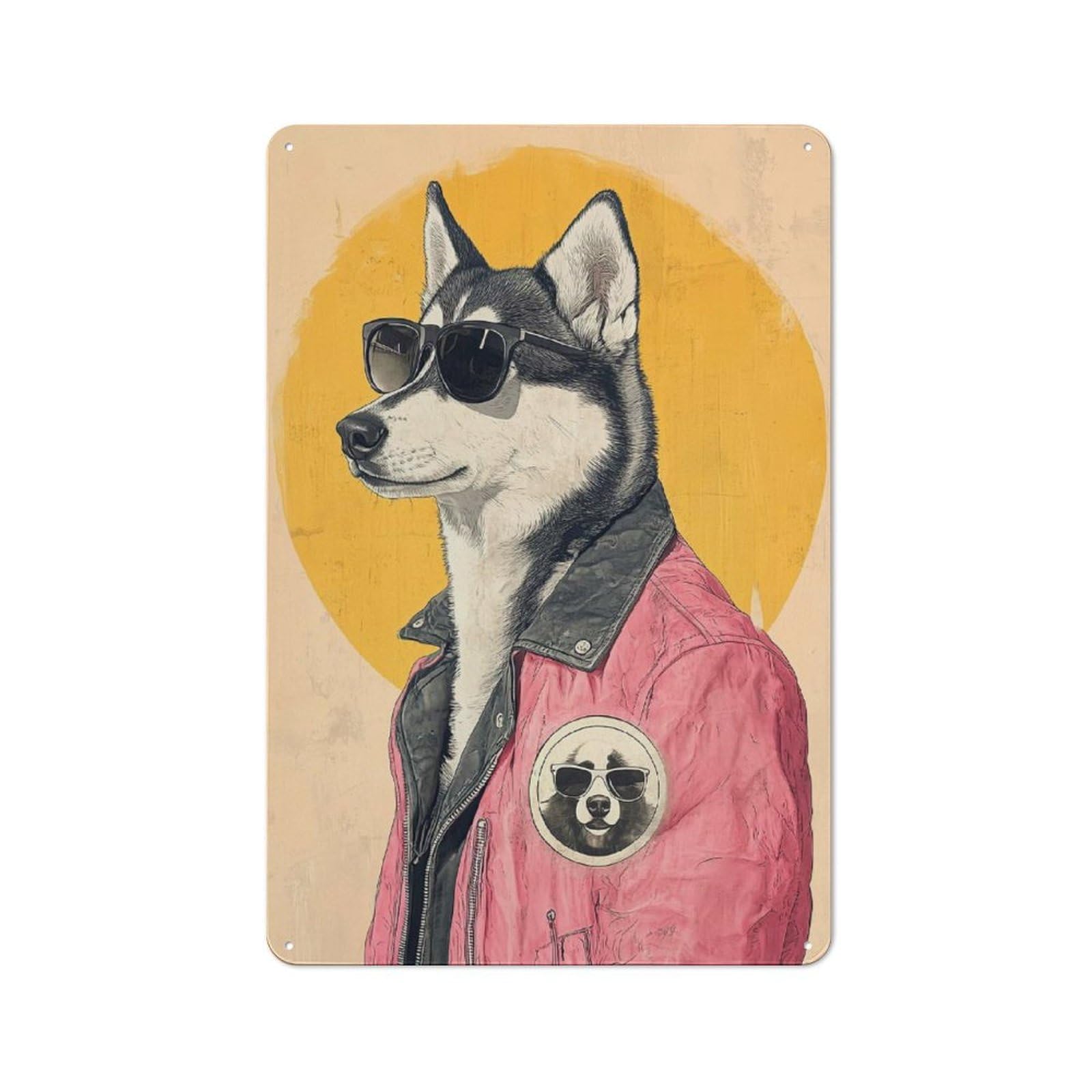 Junmoney Style-15 Cool Husky In Sunglasses Distressed Look Metal Wall Decor 30X20cm, Vintage Tin Sign For Living Room, Hallway, Kitchen Or Cafe