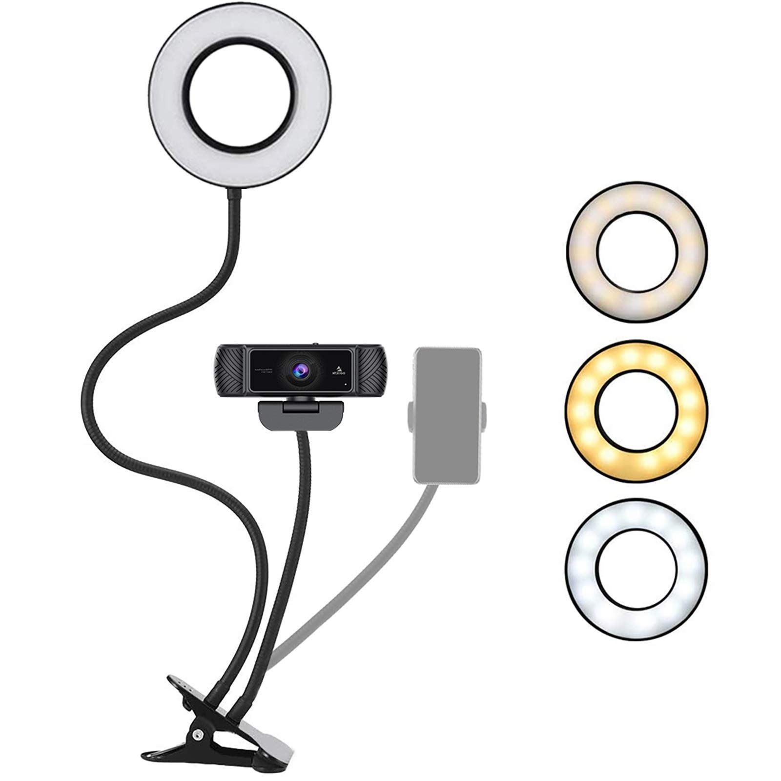 1080P 60FPS Webcam Lighting Kit with Microphone, 3.5 Inch Selfie Ring Light, Mount Stand, and Buil-in Privacy Cover, 360 Degrees Flexible Arms, for Live Streaming, Online Class, Zoom Skype MS Teams -