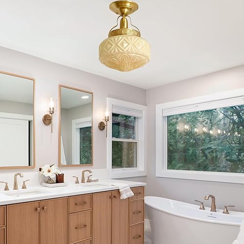 Miniatura 6 de Lámpara de techo semiempotrada dorada, lámpara de latón, luces de techo de vidrio amarillo leche vintage, lámparas de pasillo, lámpara de mediados