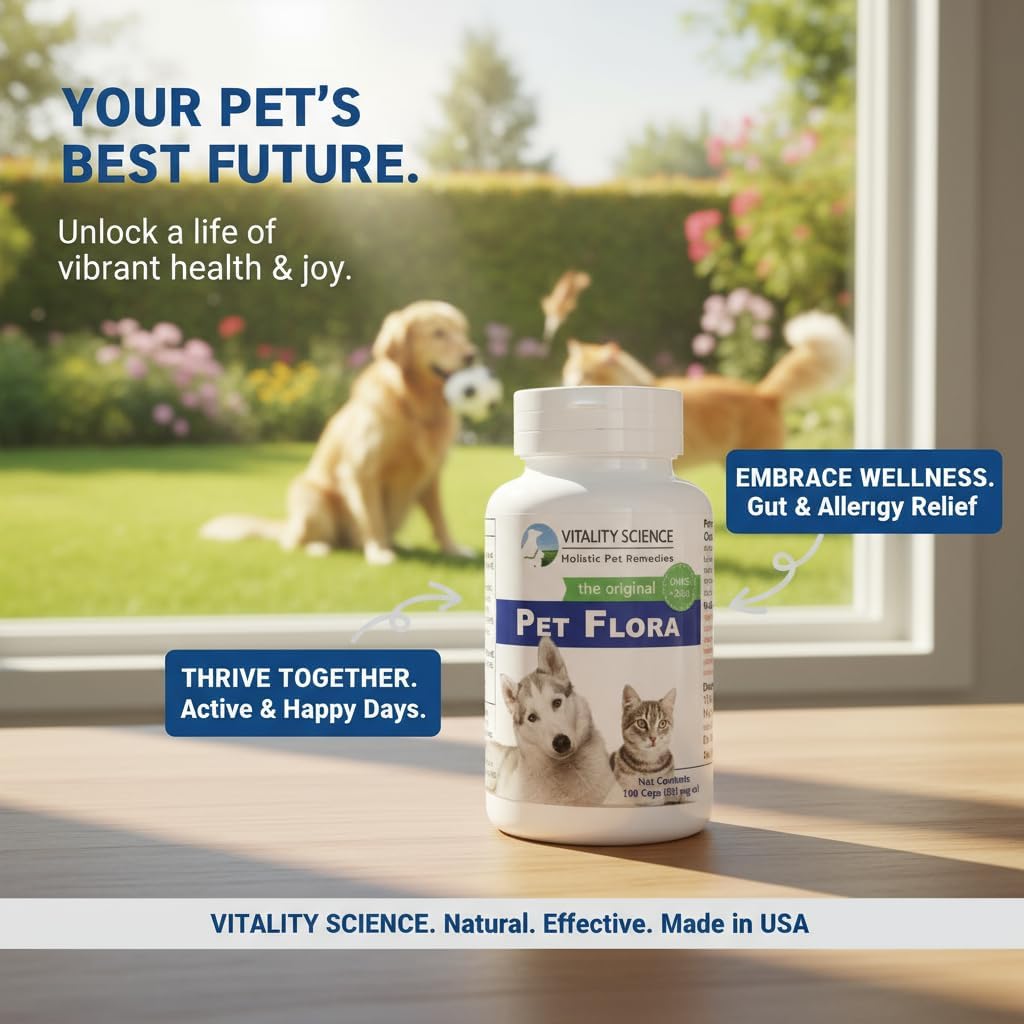 Vitality Science Pet Probiotic for Cats & Dogs | Pet Flora - Great for Diarrhea, Vomiting, Gas, Skin Conditions - Additive Free (500 Caps)