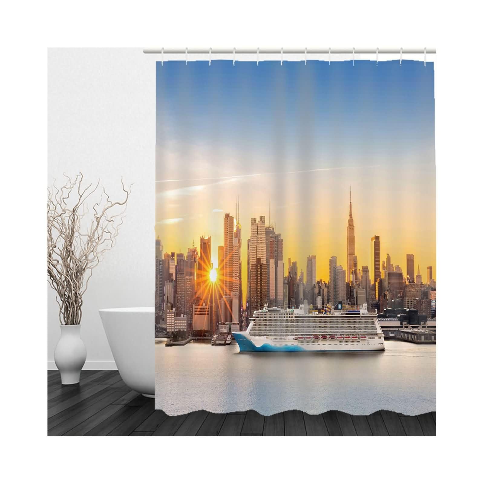 Cortina Baño Pequeña De Ducha Impermeable Casa Botes Río Cortinas Bañera Tela Blue Orange Gray 220x180cm