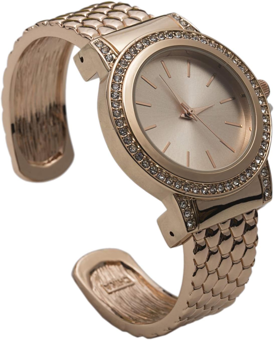 Blekon Collections Quartz Womens Rhinestone Bezel 34mm Case Metal Bangle Cuff Watch