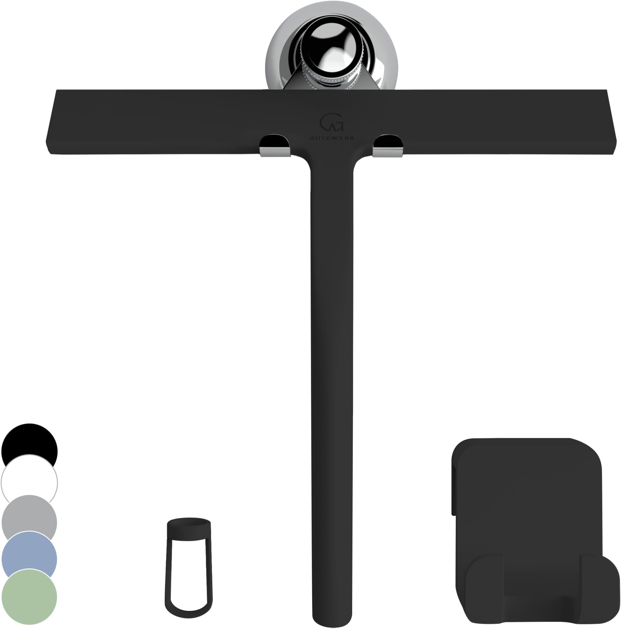 GÜTEWERK shower squeegee black 9 in - incl. chrome suction cup hook - stainless steel core - silicone rubber squeegees for bathroom cleaning - window screen wiper cleaner glass scraper blade showers