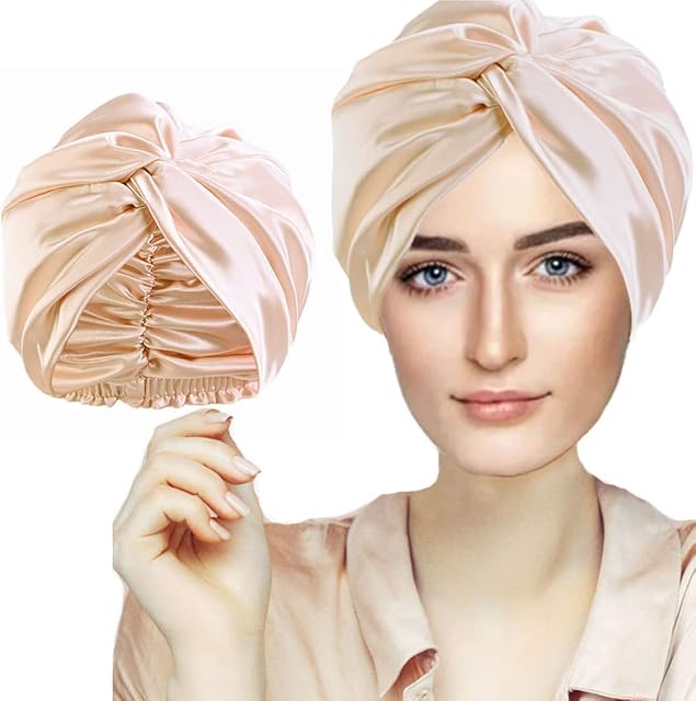 Silk Hair Bonnet Hair Wrap for Sleeping, Imitation Silk Bonnet Sleep Night Cap for Women Curly Hair Care, Double Layer Soft Silky Head Scarf Match Strong Elastic Band Apply to Washing, Makeup, Sport