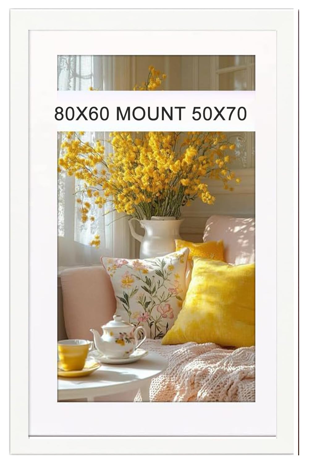 Flat Modern White 80x60cm Poster Frame With White Mount 70x50cm Shatter-Proof Acrylic Portrait & Landscape Wall Hanging Picture Frame
