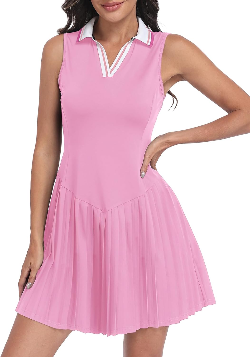 Women's 2 Piece Sleeveless Tennis Dress with Shorts V-Neck Pleated Athletic Outfits for Pickleball Golf Casual Wear - Image 2