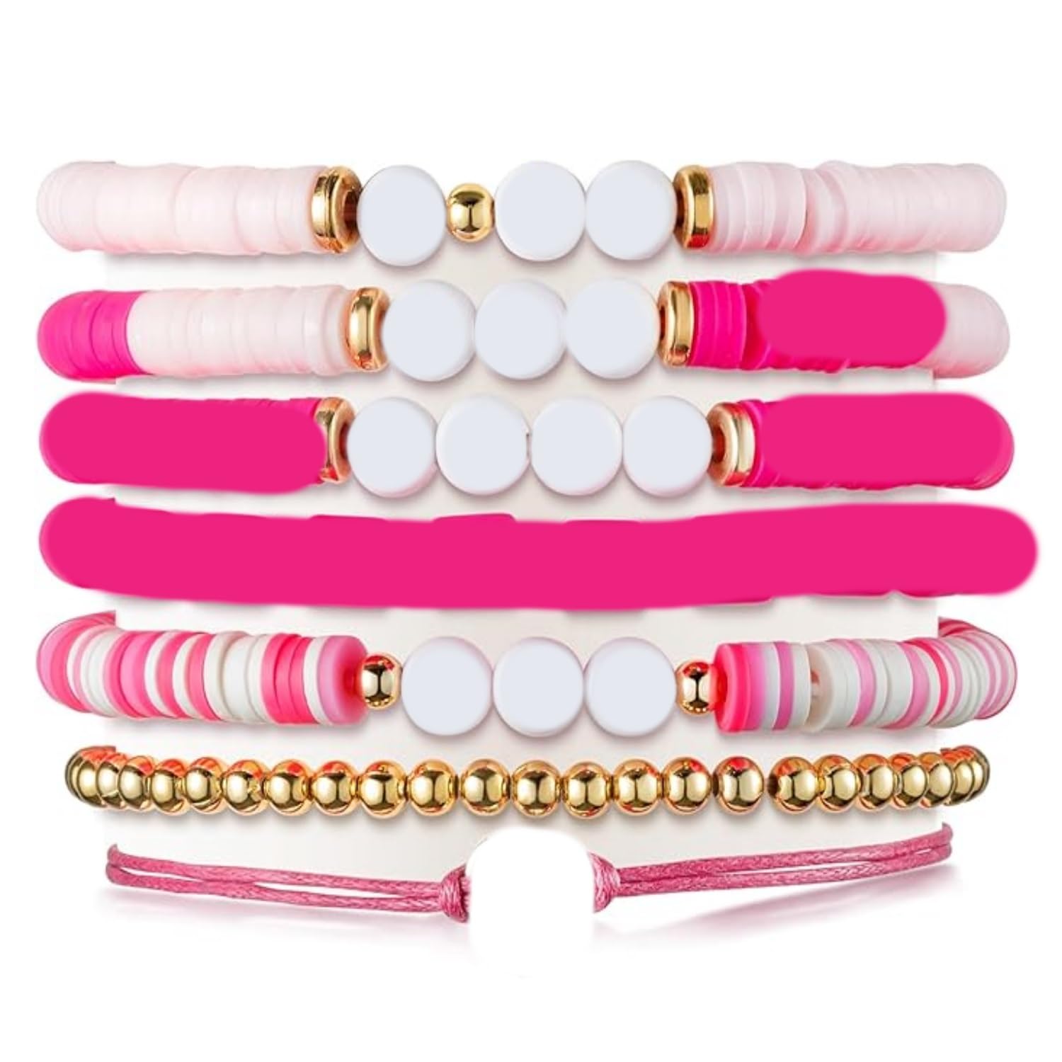LieToi 7Pcs Preppy Heishi Bracelets Kit Pink Heart Beaded Surfer Bracelets Braided Rope Charms Polymer Clay Stackable Disc Summer Beach Layering Bracelets Y2K Stretch Boho Jewelry for Women Girls, 7inch, Soft Clay, no gemstone