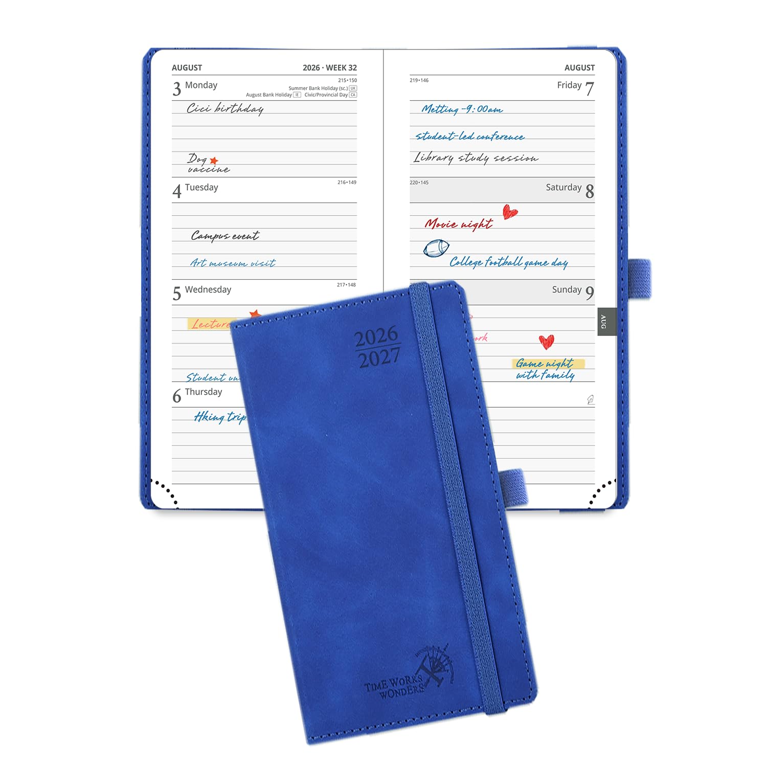 POPRUN 2026-2027 Academic Pocket Diary Week to View Slim (16.5x9 cm) 17 Months (Aug'26 - Dec'27) Small Hard Cover 26/27 Mid Year Weekly Planner for Bag(Royal Blue) — image 1