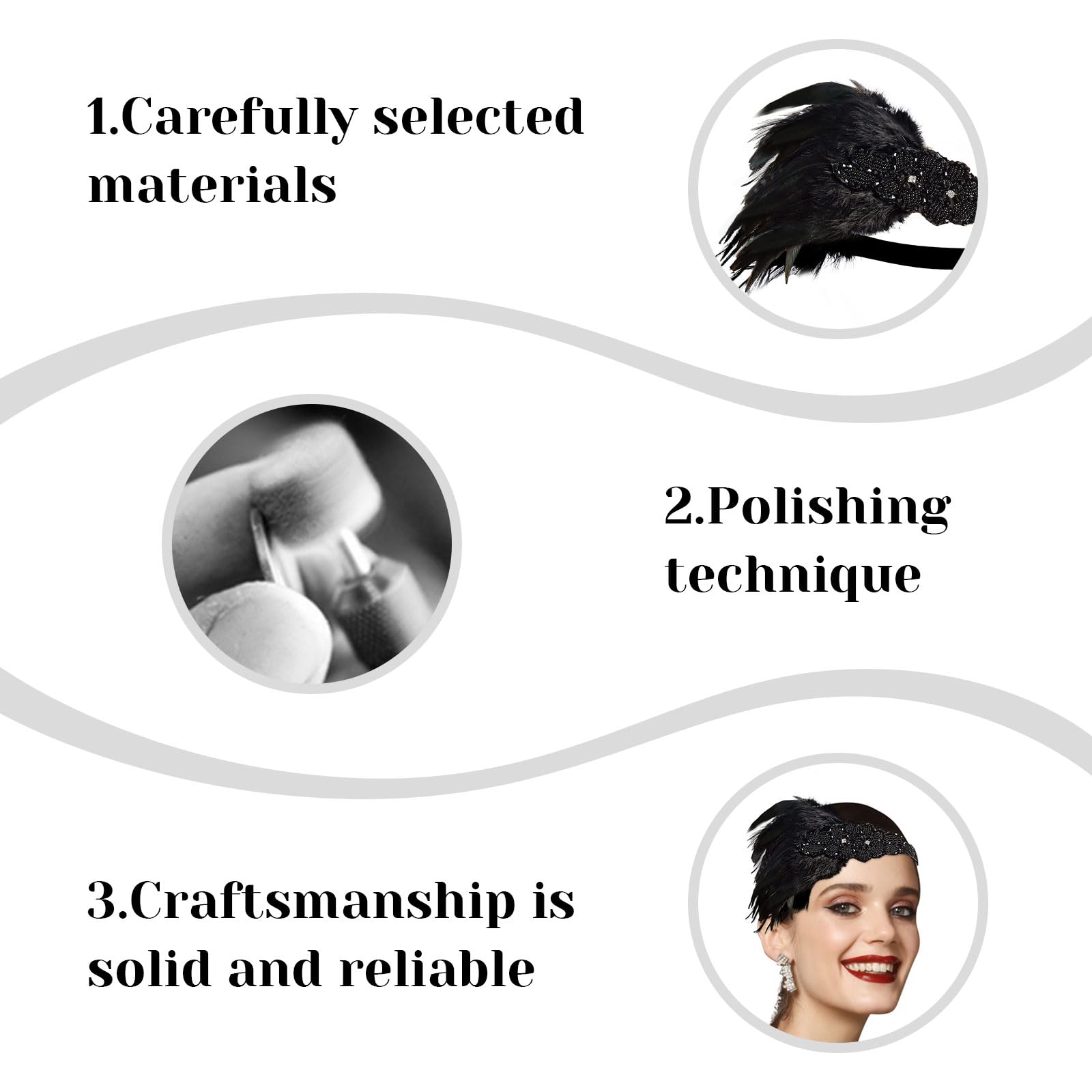 Kabwea 1920s Masquerade Women's Diamond Feather Headband, Hair Band Women, 20s Accessories, 20s Costume, Black, XL - Image 3