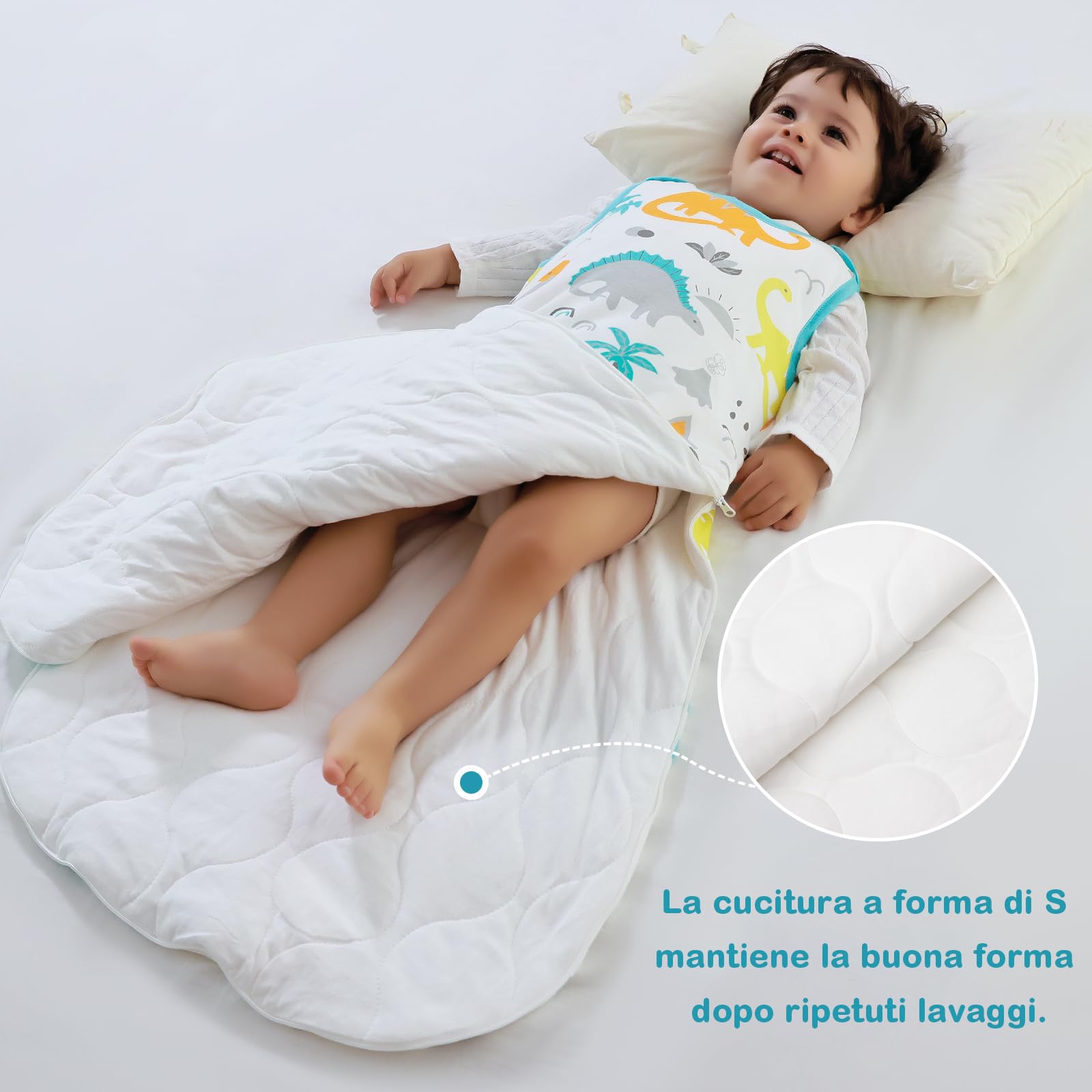 Mosebears Mosbears Sacco nanna invernale per bambini, 2,5 Tog, 100% cotone, diverse dimensioni dalla nascita fino a 24 mesi, adatto per tutto l'anno(Dinosauro,S(0 a 6 mesi))