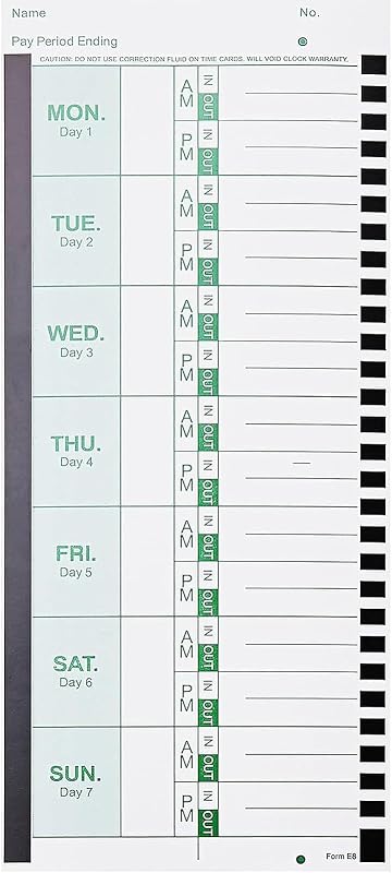 E8 Weekly Thermal Time Cards for Employees, Compatible with Lathem 2100HD & 800P Time Clocks, Single-Sided with Named Days E8 Thermal Print Timesheets (1000)