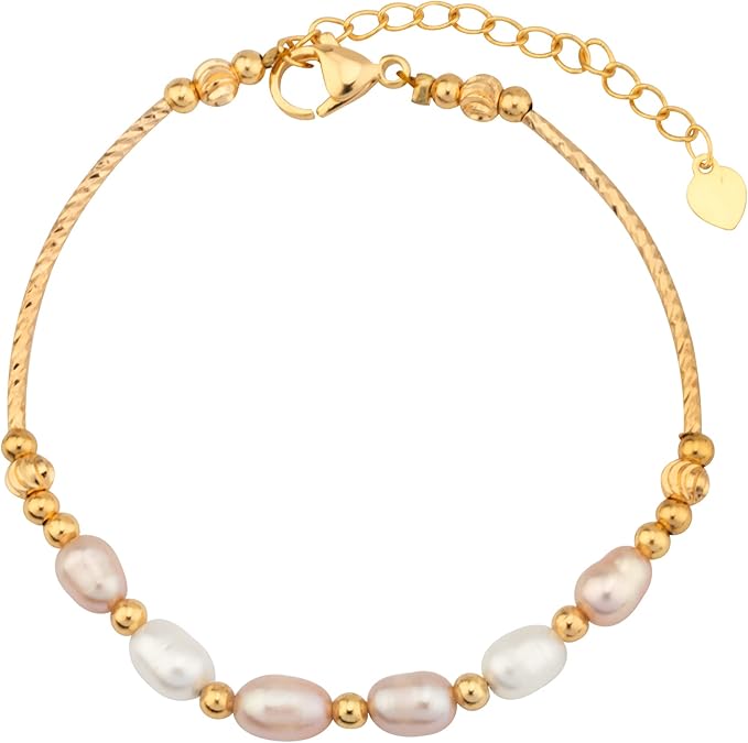 Beautywell 6mm Freshwater Cultured Pearl, Bracelet Dainty Chain Bracelet for Women Teen Girls, Bead Bracelets Baroque Pearl Bracelet, Adjustable Chain, White/Pink