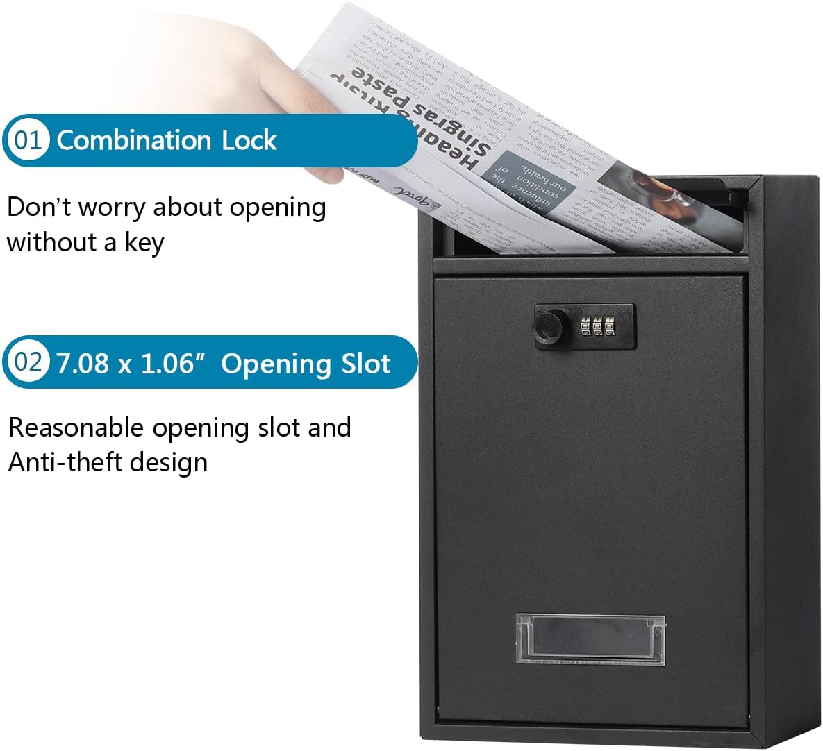 Mailbox with Key Lock, Lovndi Wall Mounted Locking Mailboxes, Small Capacity Drop Lock Box for Outdoor, Black Matt