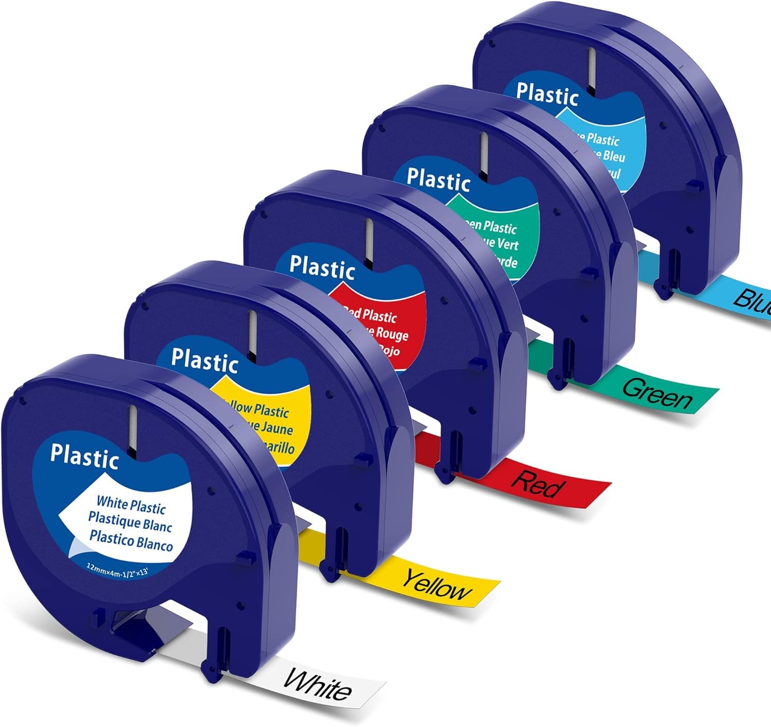 Cruxer Compatible for Dymo Letratag Refills Label Plastic Tape 12mm*4m Replacement for Dymo Printer Self Adhesive Labels Refill LT-100H Maker Machine, 91201-91205 Black on White/Yellow/Blue/Red/Green