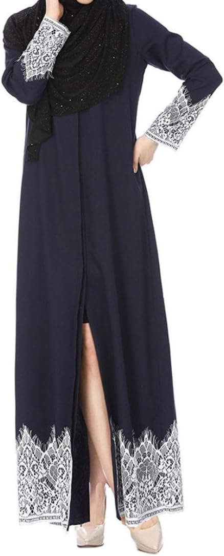 Ganenn Women Muslim Dress Dubai Kaftan Long Sleeve Long Dress Abaya Islamic Clothing Gown Jalabiyas (X-Large, Navy)