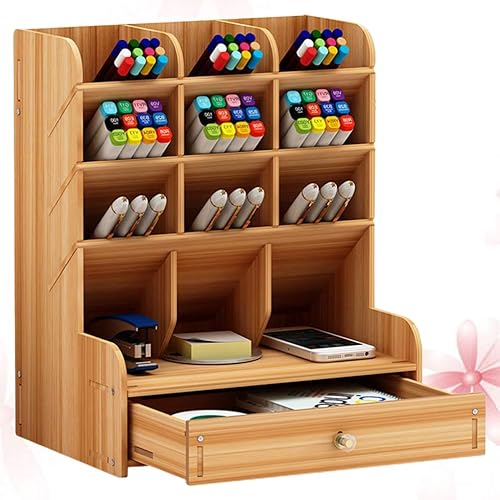 Miniatura 7 de NUOBESTY Caja de almacenamiento de madera para bolígrafos, organizador multidividido de gran capacidad para escritorio de oficina, elegante acabado