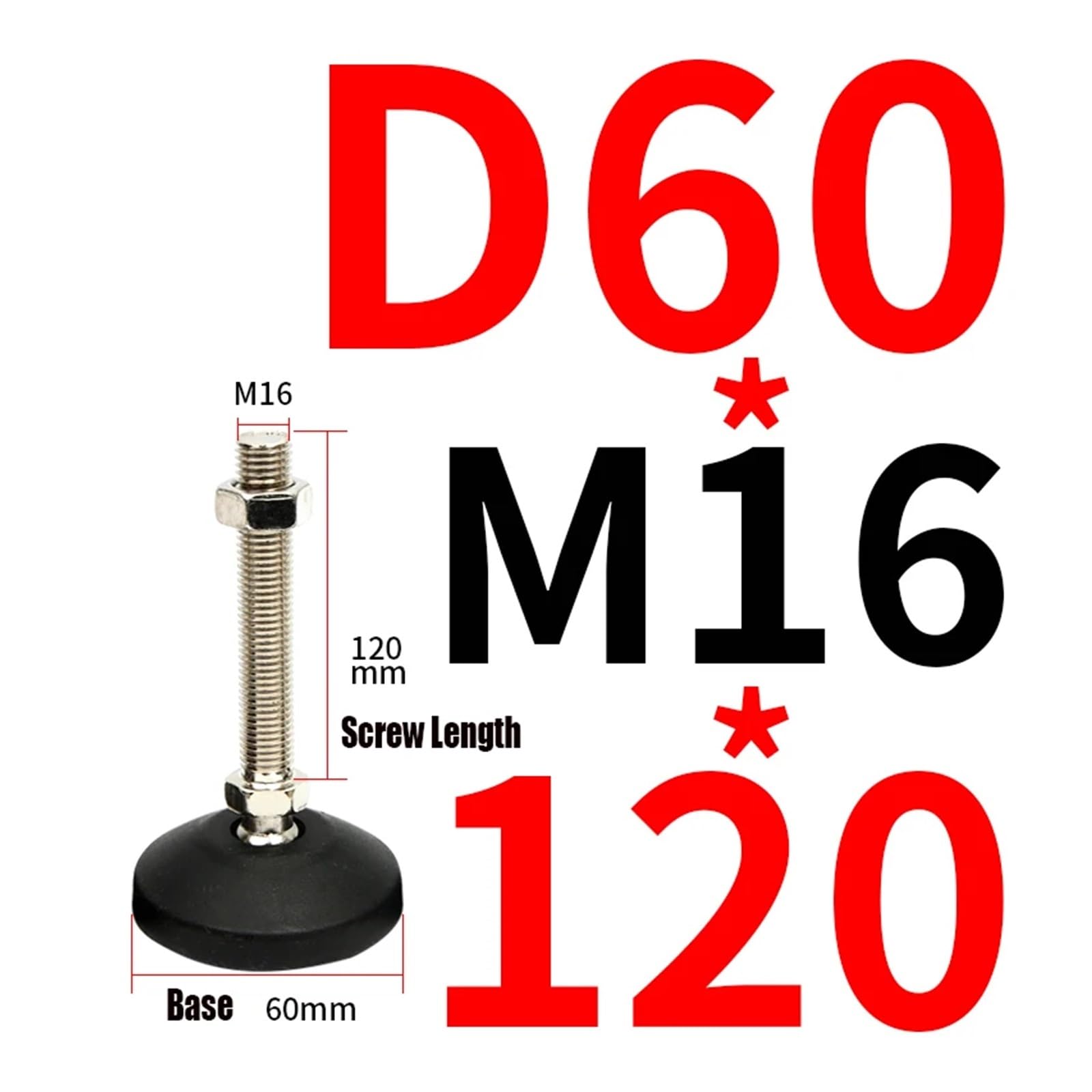 Nogi mebli, regulowane nóżki ze stali nierdzewnej, 2 szt. Noga podporowa podstawy 60 mm M10 M12 M16 M20 M24 Półki(D60xm16x120)
