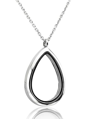 Jovivi Teardrop/Heart Floating Charm Memory Locket Necklace - 316 Surgical Stainless Steel Buckle Closure