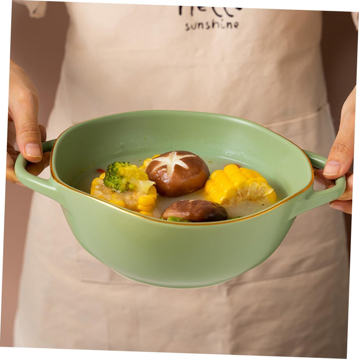 Ceramic Baking Dish with Handles, Double Ear Soup Bowl, Matcha Green Porcelain Salad and Instant Noodles Bowl for Oven and Microwave Use in Home Kitchen