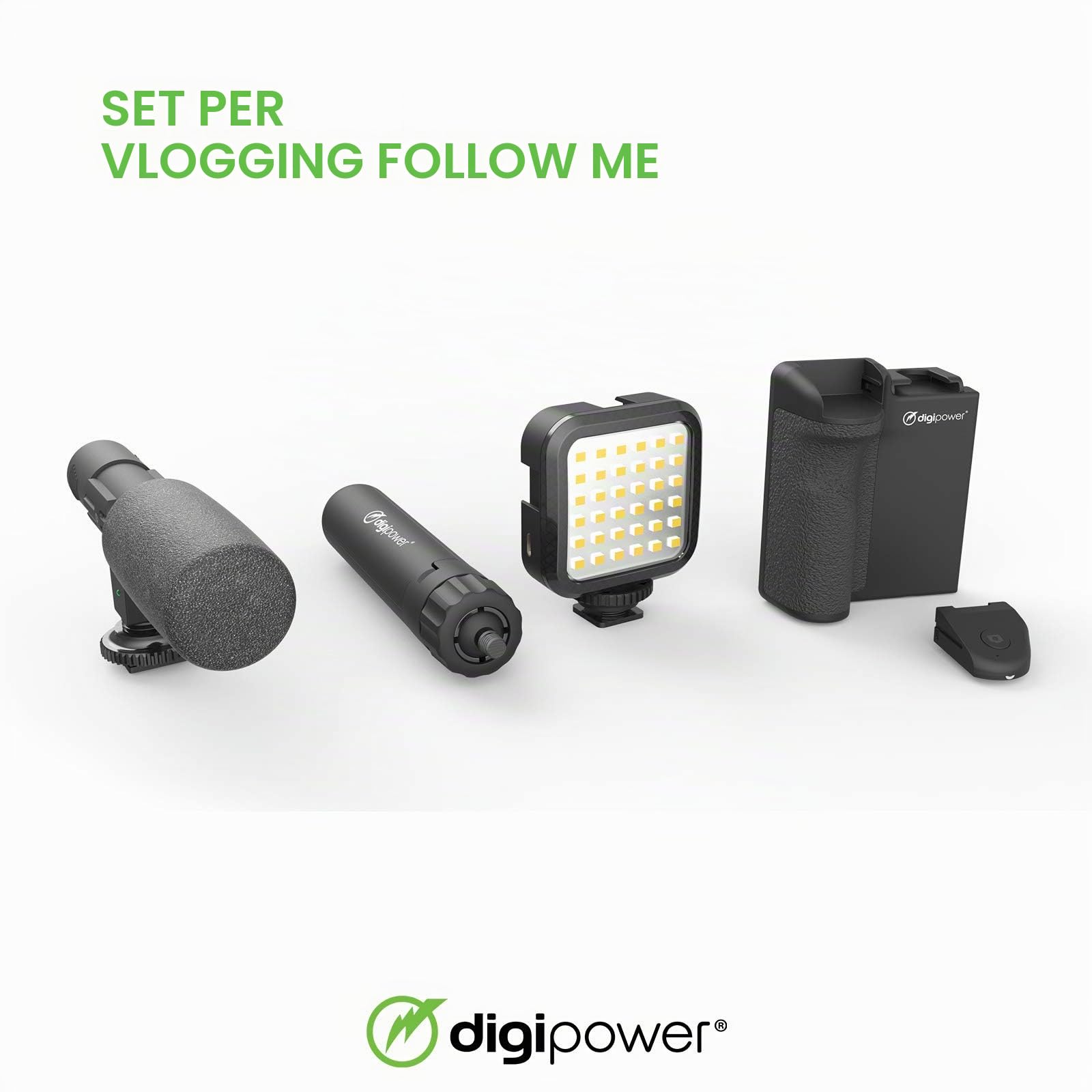 DigiPower Vlog Kit Follow Me DPS-VLG4 - set di 4 vlogging con maniglia per fotocamera, luce video LED, microfono universale e mini treppiede, compatibile con telefoni cellulari