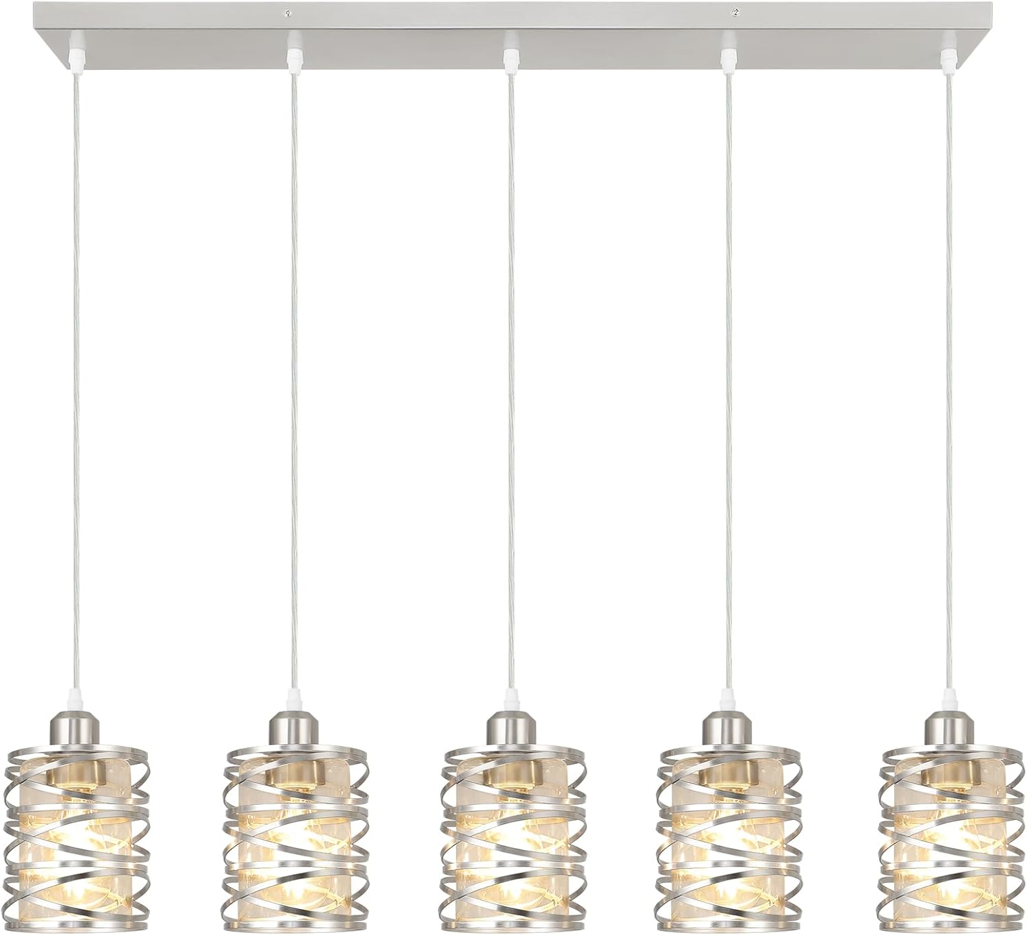 Brushed Nickel Pendant Lights for Kitchen Island, 5-Light Chandelier for Dining Room, Hanging Linear Chandeliers, Modern Dining Room Light Fixtures Pendant Light with Clear Glass Shades
