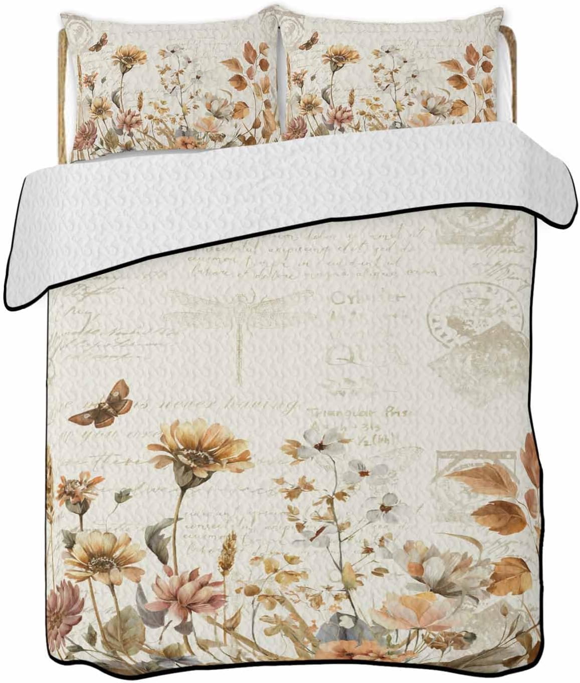 Quilts Twin Size Fall Flower Butterfly Dragonfly Leaf Soft Comforter Bedding Set for Bed, Lightweight Quilte Bedspread with Pillow Cover(2 Pieces) for All Season, 68x86 Inch
