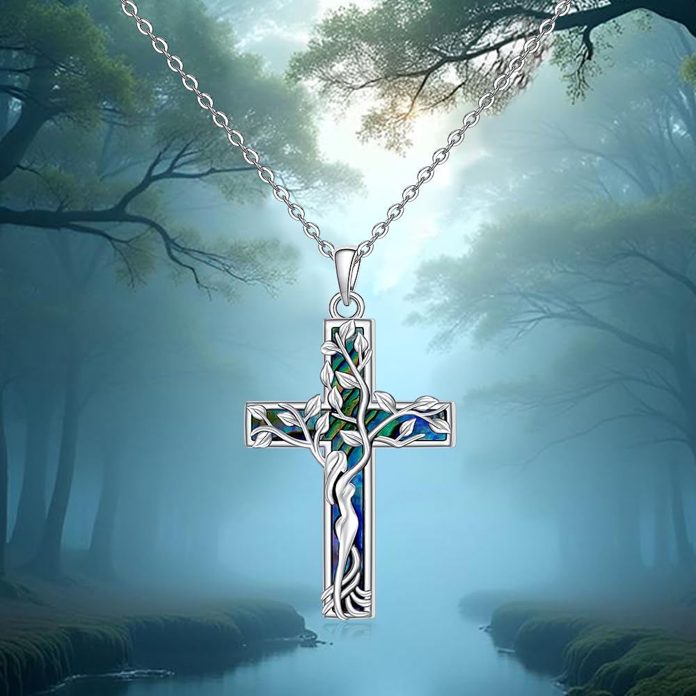 Fenthring Tree of Life Necklace Sterling Silver Cross Necklaces for Women Womens Cross Christmas Abalone Jewelry Birthday Gifts - Image 7