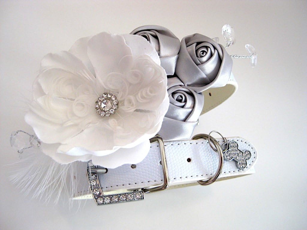 House of Furbaby Wedding Flower Dog Collar | Large Dog Collar and Matching Leash | Flower Dog Collar | White and Silver | Wedding Dog Collar | 15.5"-20" Neck