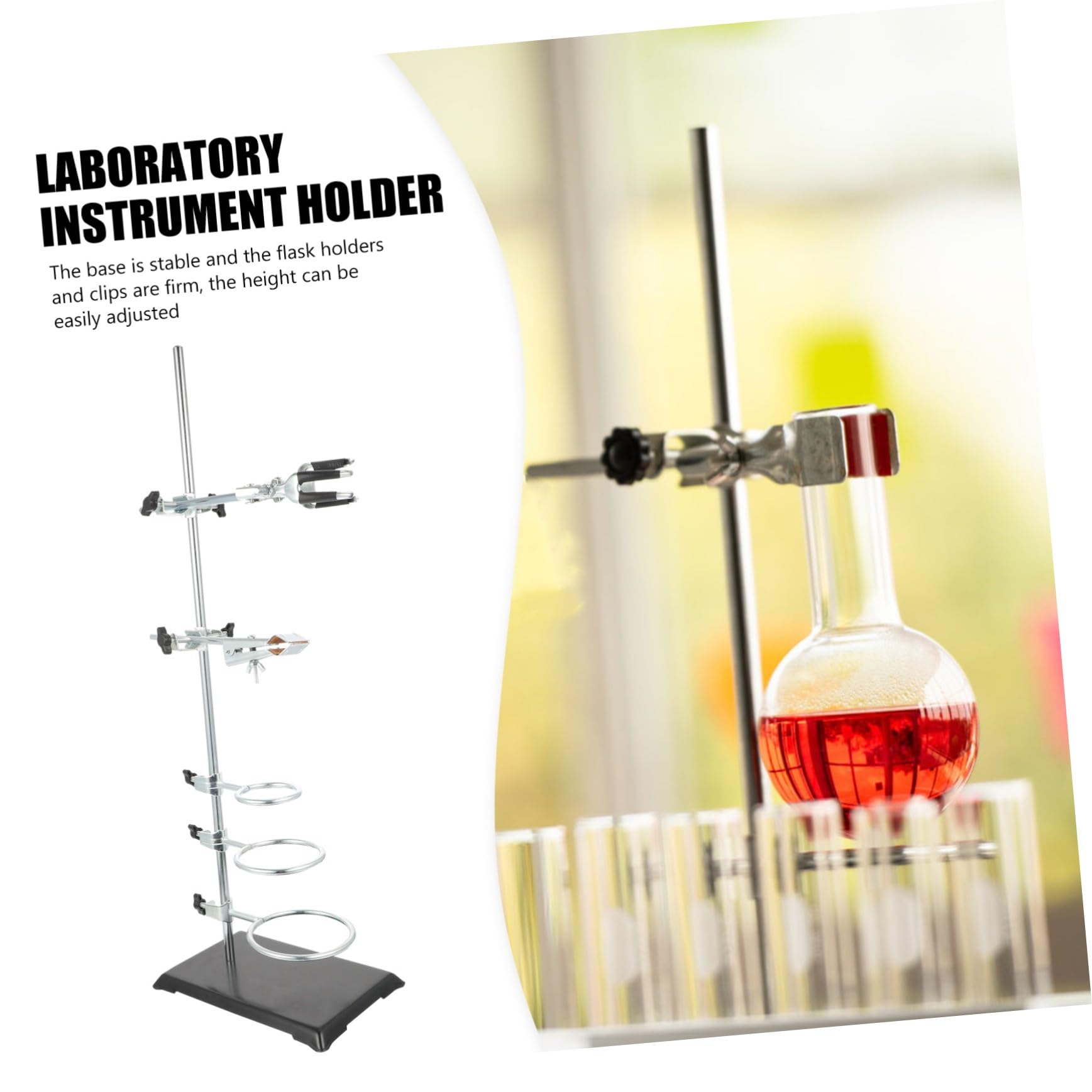 Laborstativ aus Eisen 60cm mit Fester Stützstange und 6 Verschiedenen Halterungen für Chemie Bausatz und Platzsparende Aufbewahrung im Labor