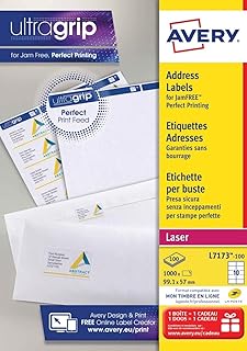 Avery Self Adhesive Address Mailing Labels, Laser Printers, 10 Labels Per A4 Sheet, 1000 labels, UltraGrip (L7173), White, 100 Sheets