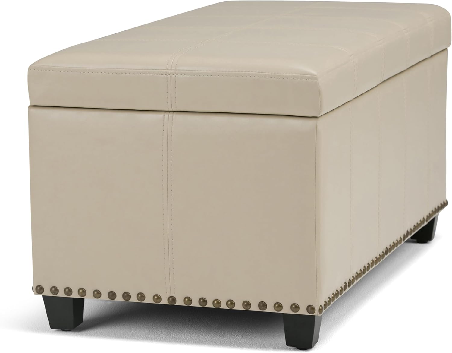 SIMPLIHOME Amelia 33 inch Wide Transitional Rectangle Storage Ottoman Bench in Satin Cream Vegan Faux Leather, Assembled, For the Living Room, Entryway and Family Room