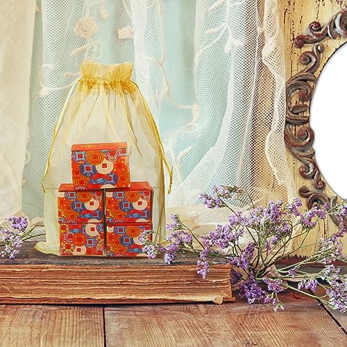 Image of Windyun 100 Pcs Gold Large Organza Bags Bulk 12 x 8 Inch Sheer Mesh Drawstring Gift Packaging Pouch Bags for Christmas Wedding Game Party Favor Supplies